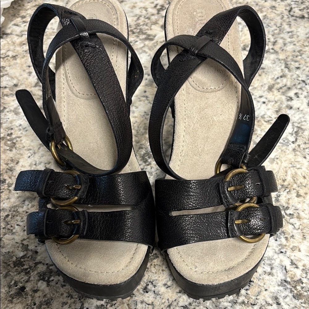 Miu Miu Black leather, stacked heel, platform sandals.Soft Beige Suede inner